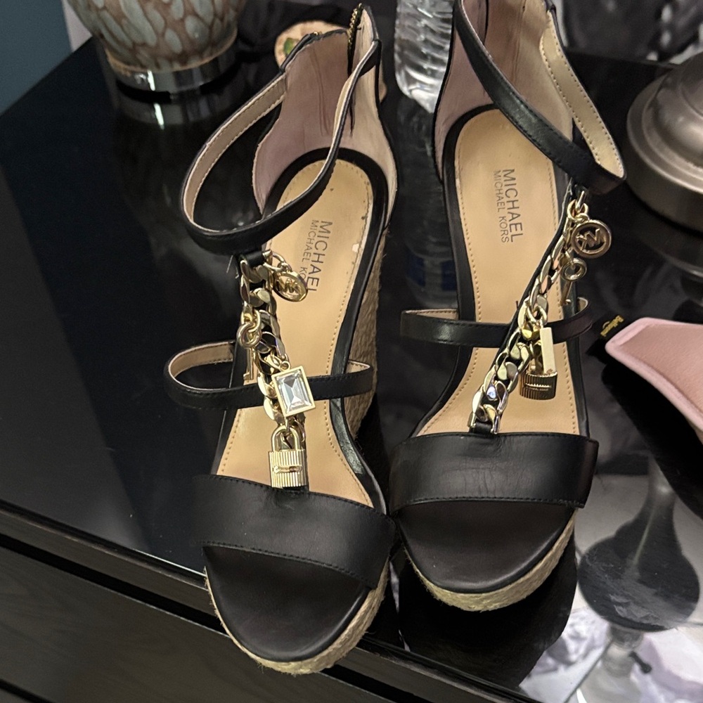 Michael Kors Black Sandals with Gold Chain Accents - Picture 1 of 4